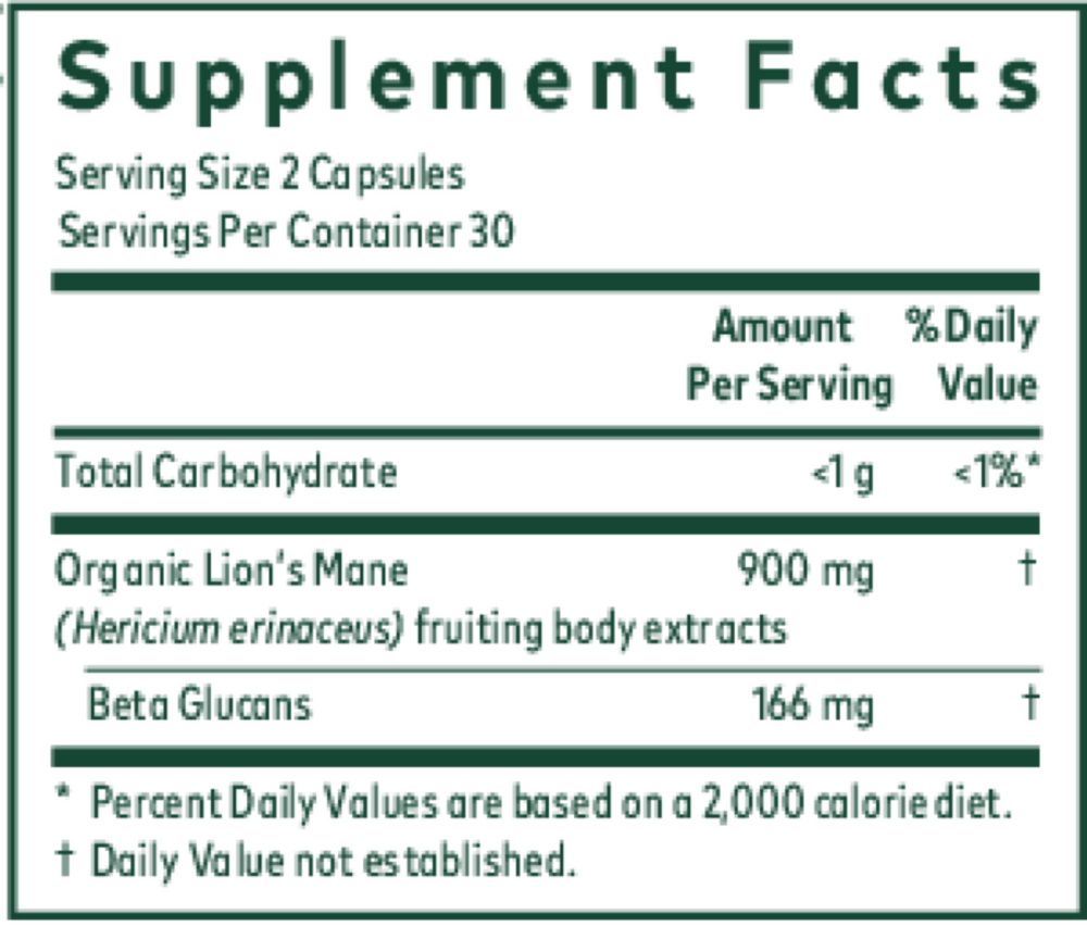 Lion's Mane Mushroom 60 Caps Supplement Facts Label