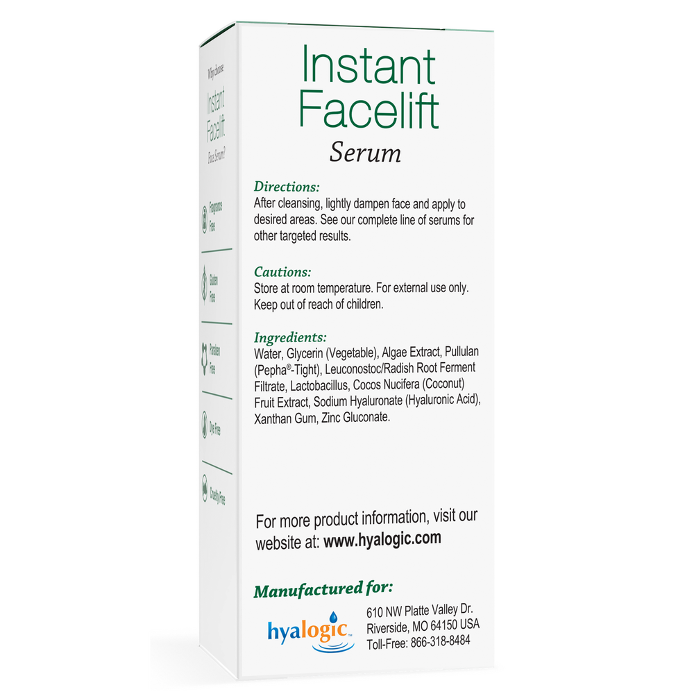 Instant Facelift Serum with HA Supplement Facts Label