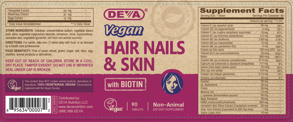 Vegan Hair Nails & Skin Supplement Facts Label