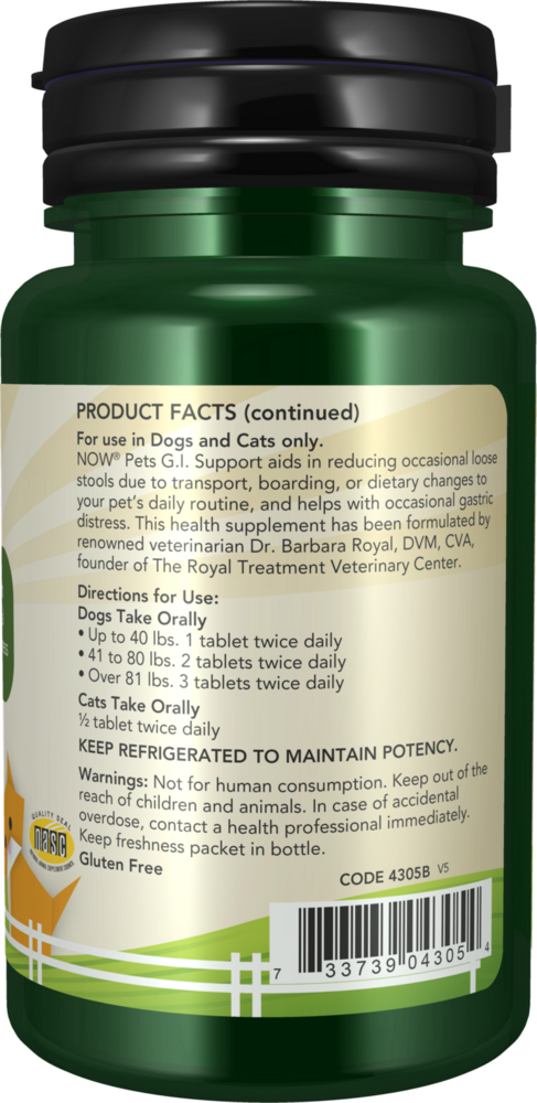 BACKORDER ONLY - GI Support for Dogs/Cats Supplement Facts Label