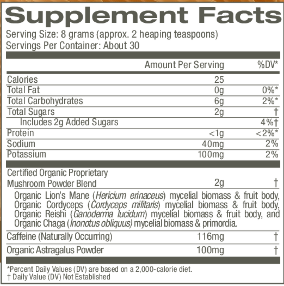 Mushroom Coffee Latte Blend Supplement Facts Label