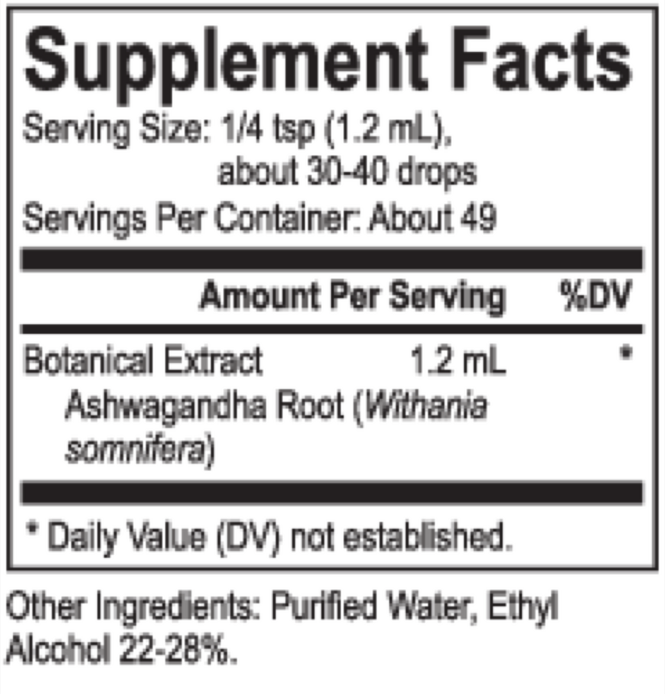 Core Ashwagandha Supplement Facts Label