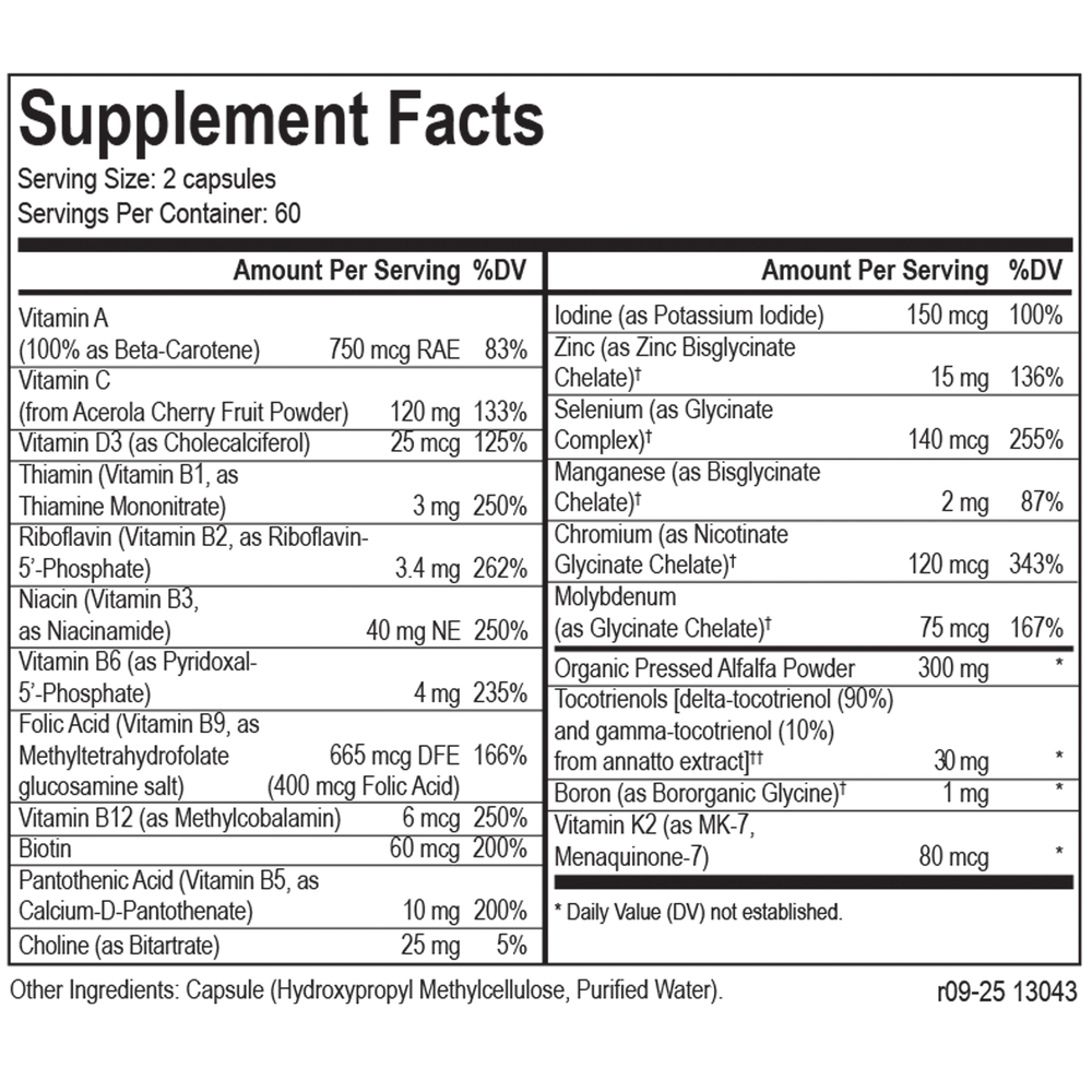 BioNutrient Multi Supplement Facts Label