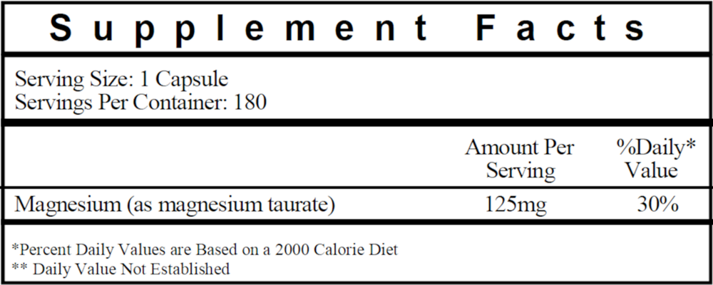 Magnesium Taurate Supplement Facts Label
