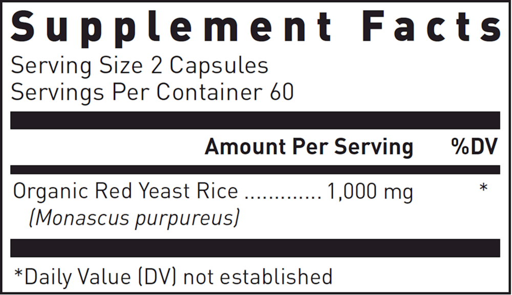 Beni Koji Red Yeast Rice 120 Count Supplement Facts Label