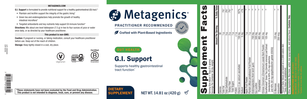 G.I. Support (Formerly known as Endefen) Supplement Facts Label