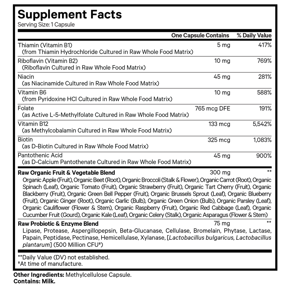 Raw Vitamin B Complex Supplement Facts Label