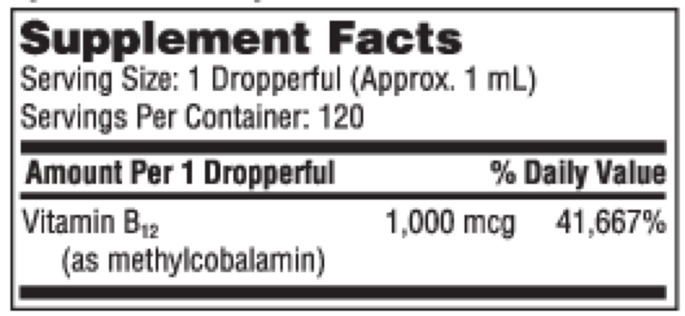 B12 Liquid (methylcobalamin) Supplement Facts Label