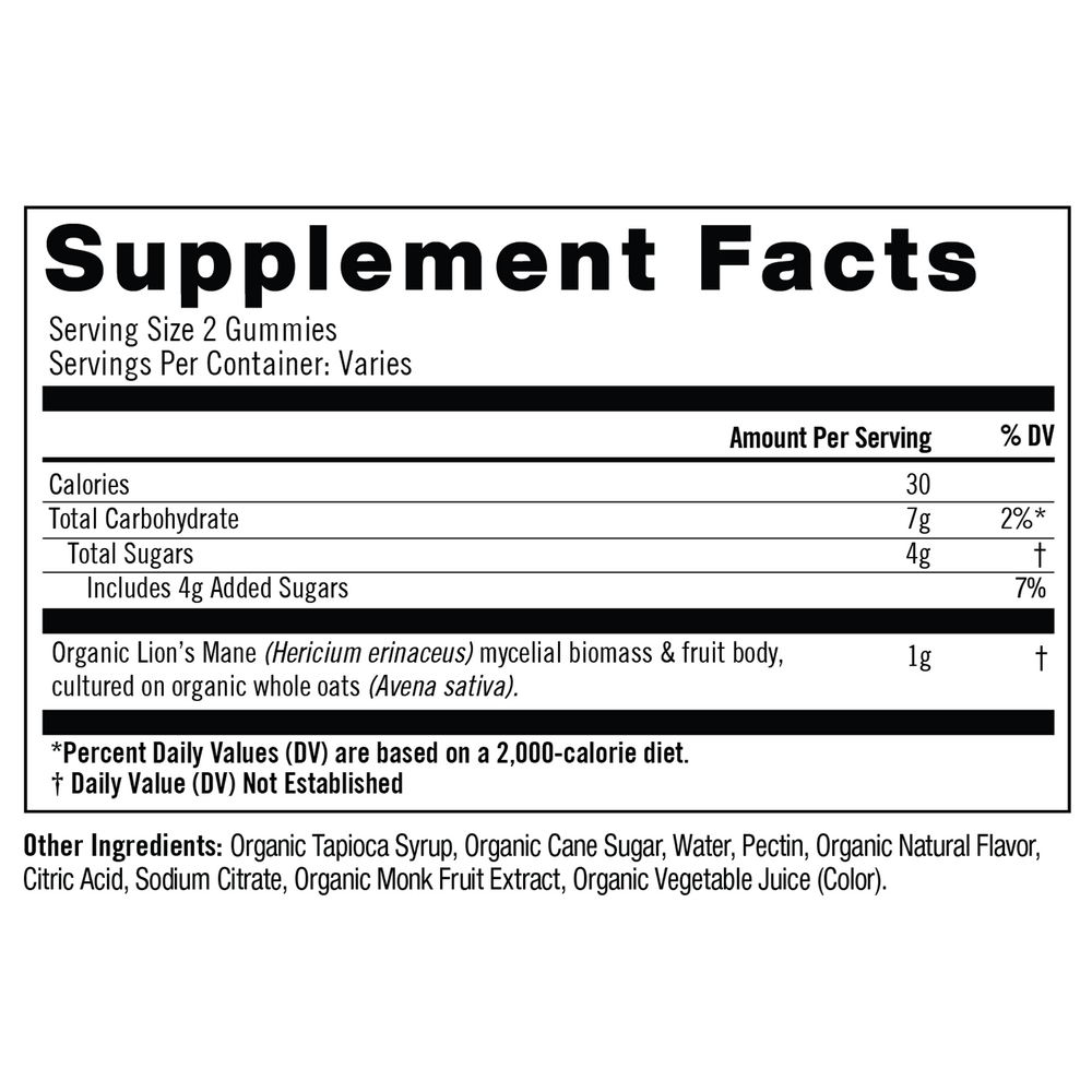Lion's Mane Mushroom Gummies Supplement Facts Label