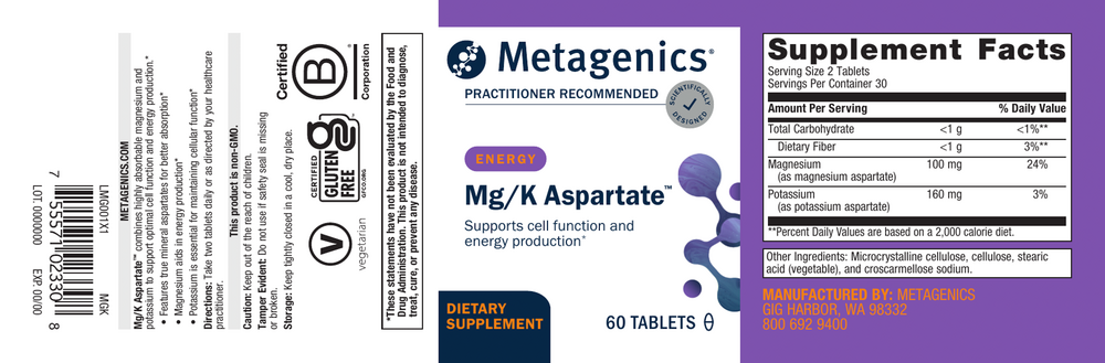 Mg/K Aspartate Supplement Facts Label