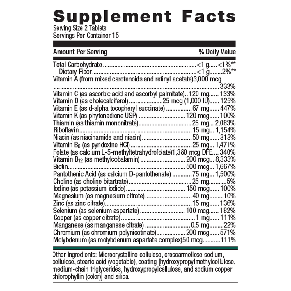 PhytoMulti without Iron Supplement Facts Label