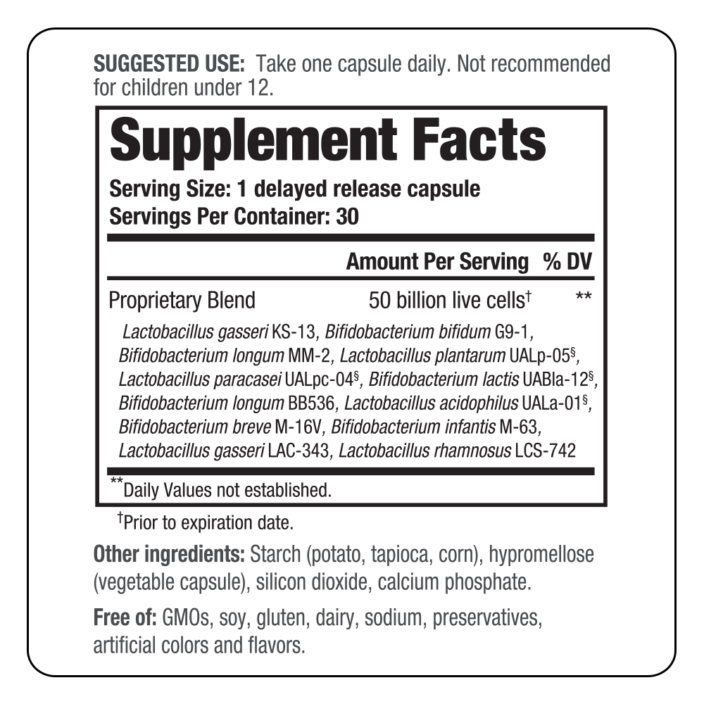 MAX 12 Probiotic Supplement Facts Label