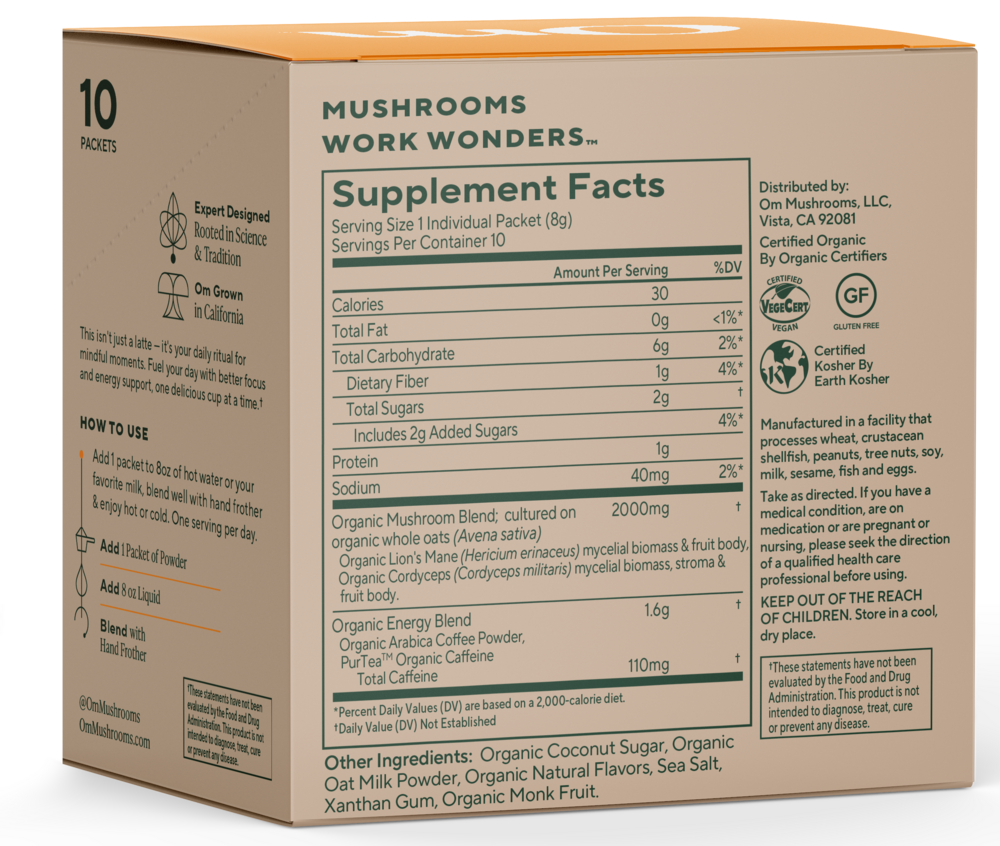 Mushroom Coffee Latte 10 Pack Supplement Facts Label
