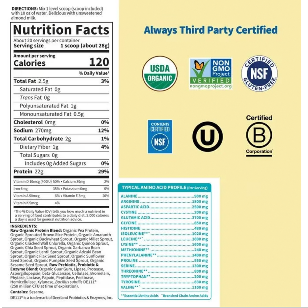 RAW Organic Protein Unflavored Supplement Facts Label