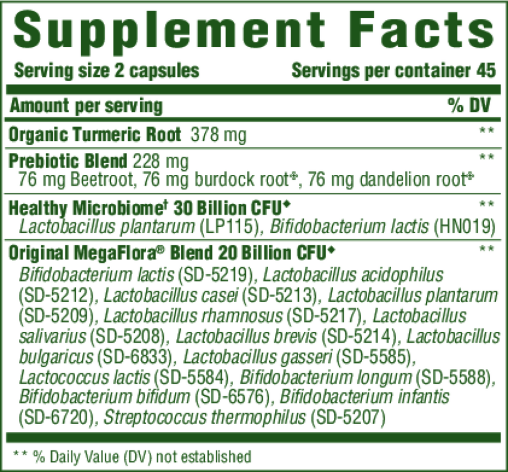 Megaflora Probiotic with Turmeric Supplement Facts Label