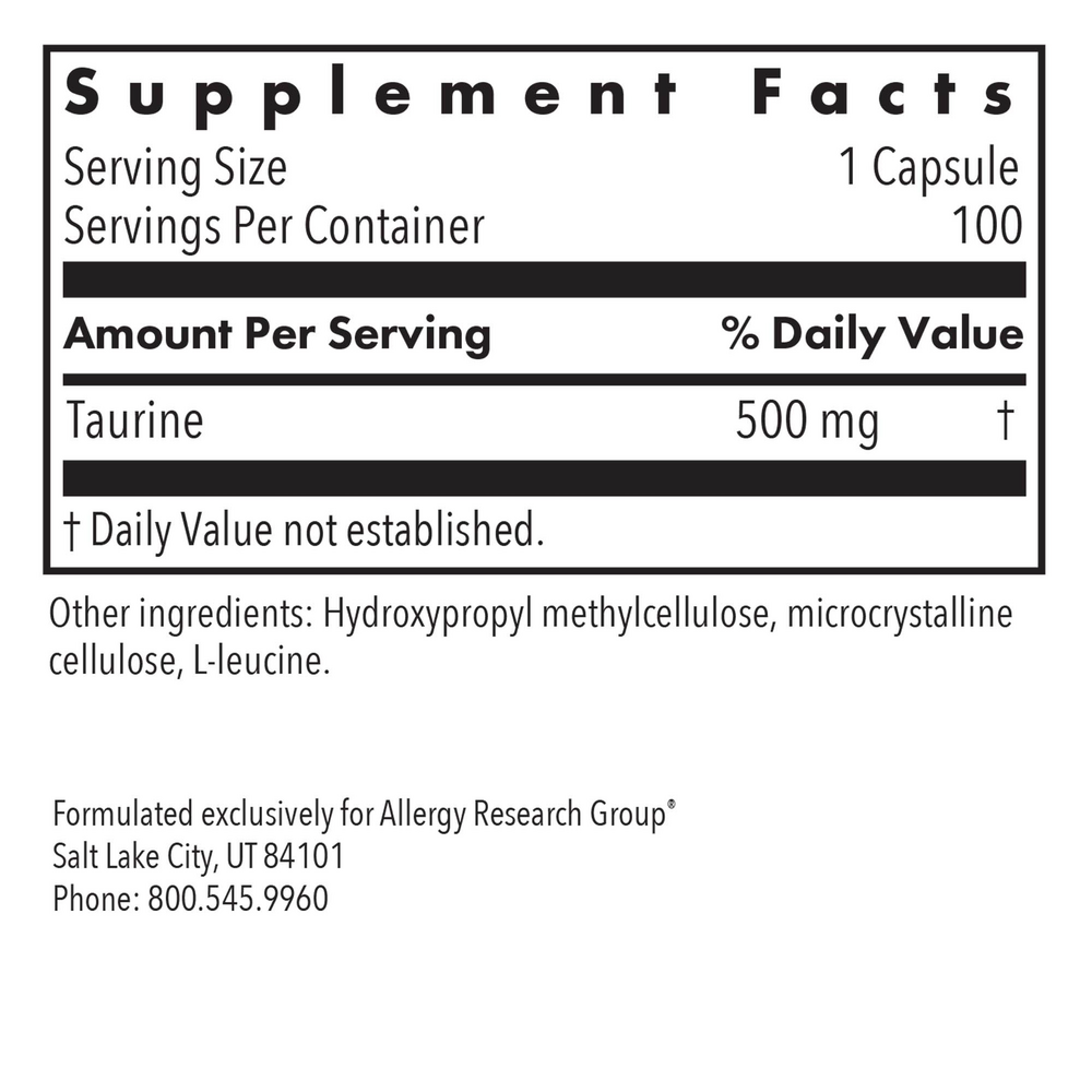 Taurine 500 Mg Supplement Facts Label