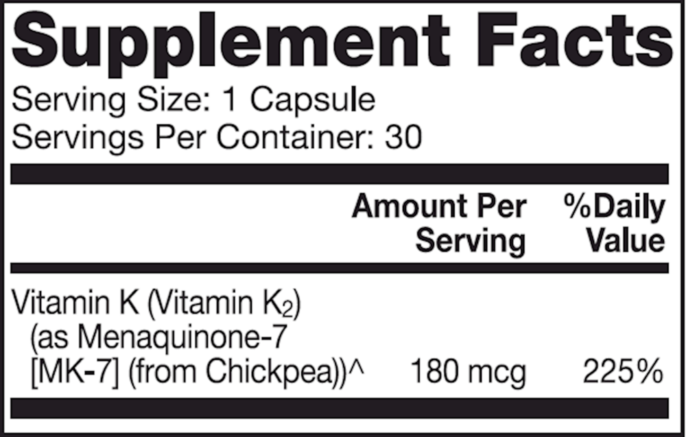 Vitamin K-2 90 Count Supplement Facts Label