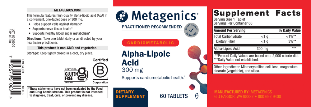 Alpha-Lipoic Acid 300 mg (Formerly known as Meta Lipoate 300) Supplement Facts Label