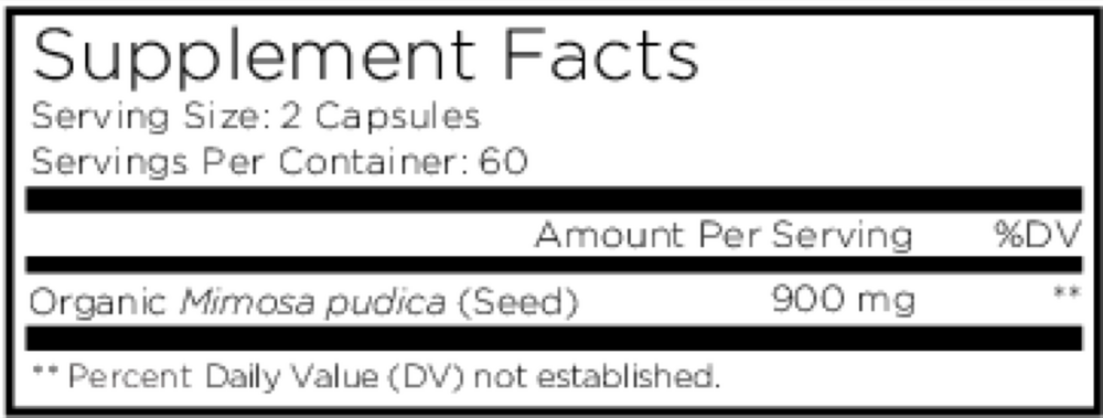 Organic Mimosa Pudica Seed Supplement Facts Label