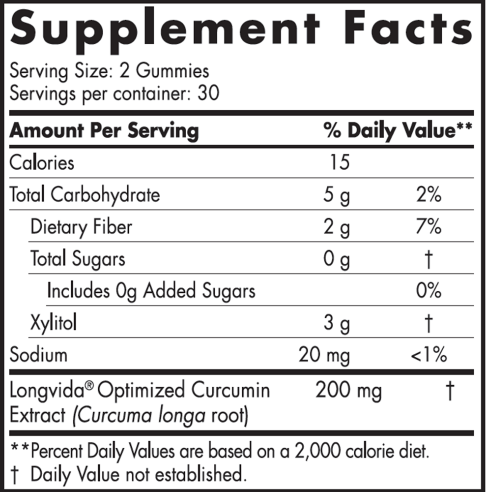 BACKORDER ONLY - Zero Sugar Curcumin Gummies 60 Gummies Mango Supplement Facts Label
