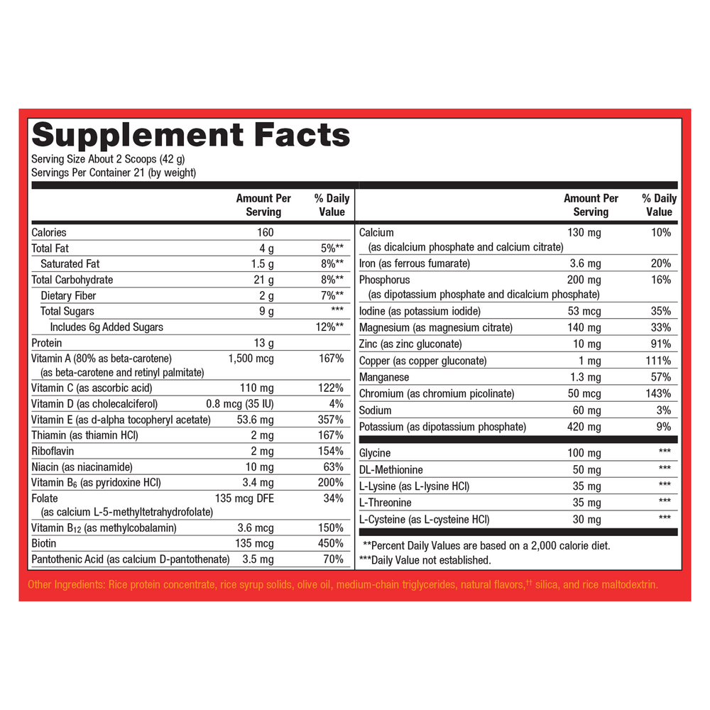 UltraClear/RICE Vanilla Supplement Facts Label