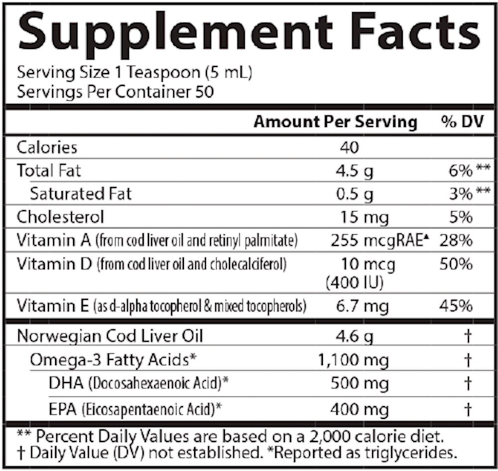 Cod Liver Oil Regular Flavor Supplement Facts Label