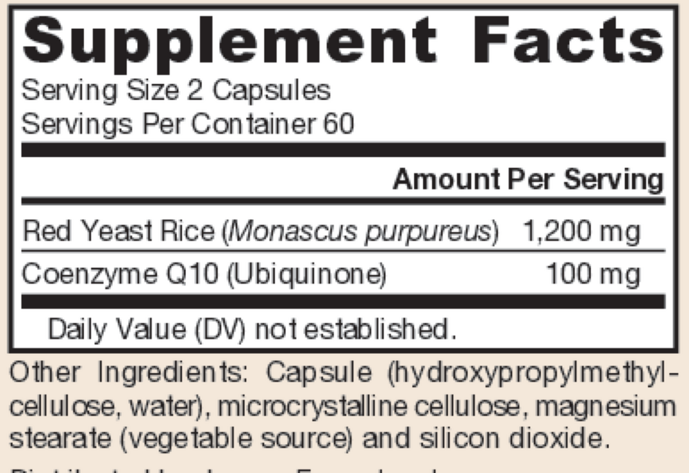 Red Yeast Rice + Co-Q10 Supplement Facts Label