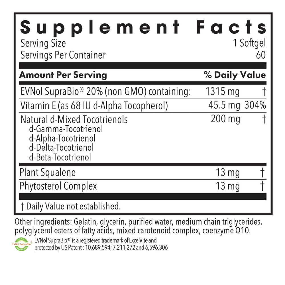 Tocomin SupraBio® Tocotrienols 200 mg 60 Count Supplement Facts Label