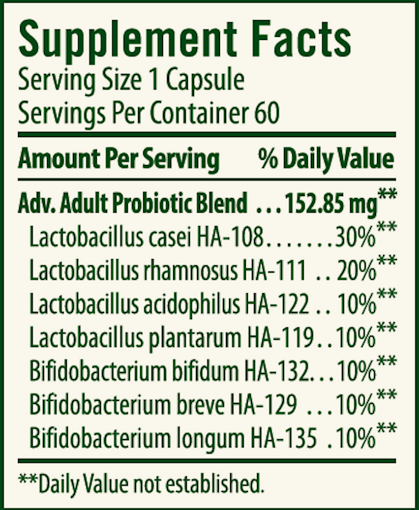 Advanced Adult's Blend Probiotic Supplement Facts Label