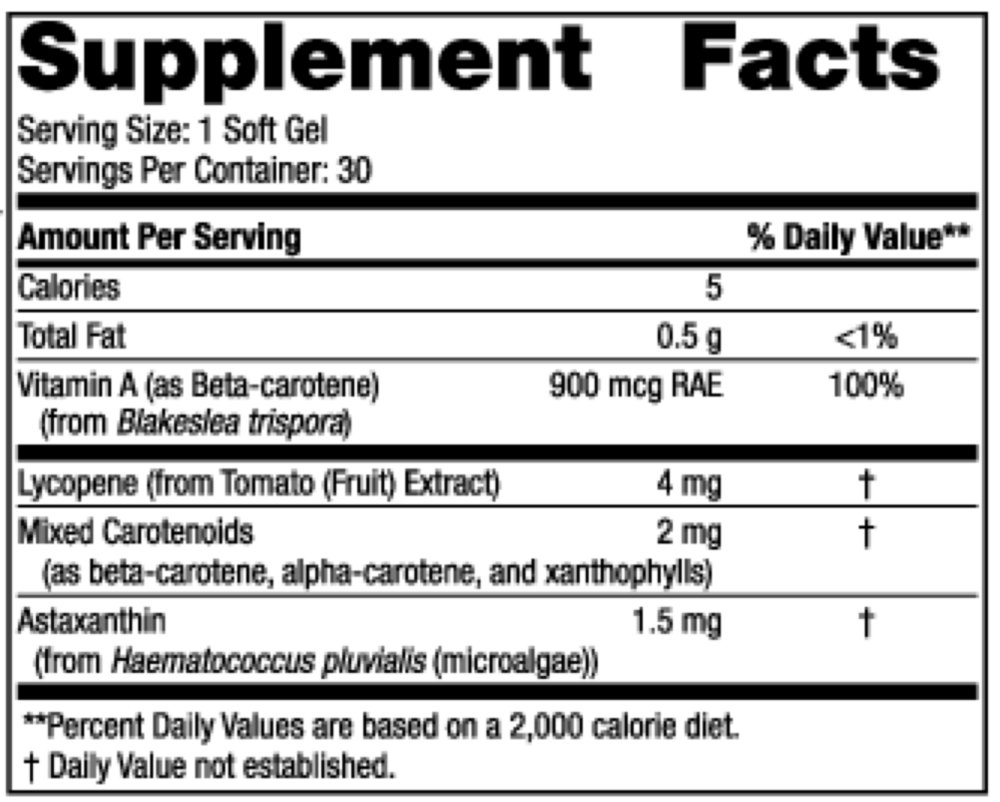 Vitamin A + Carotenoids Supplement Facts Label
