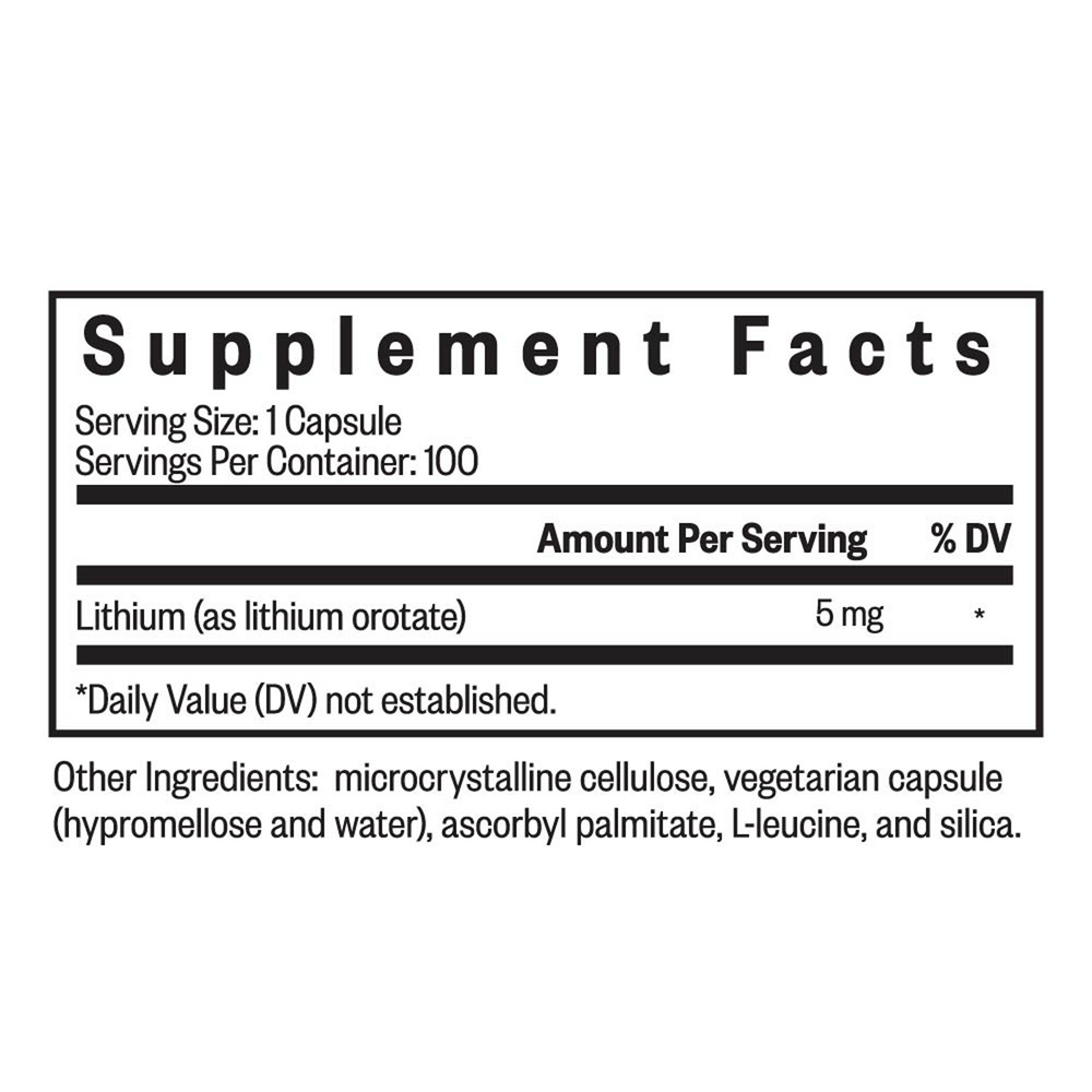 Lithium Orotate 5 mg Supplement Facts Label
