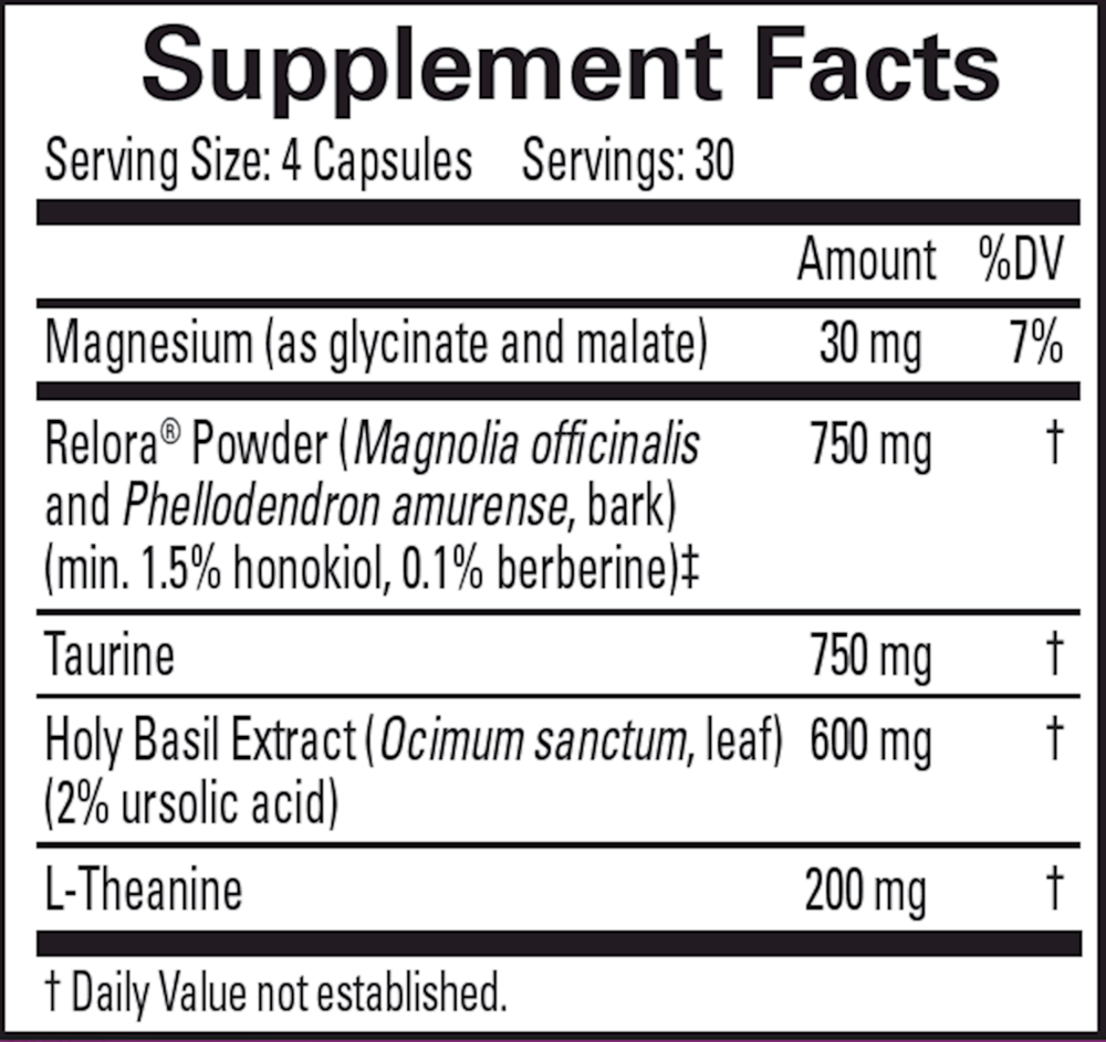 Everyday Stress Relief Supplement Facts Label