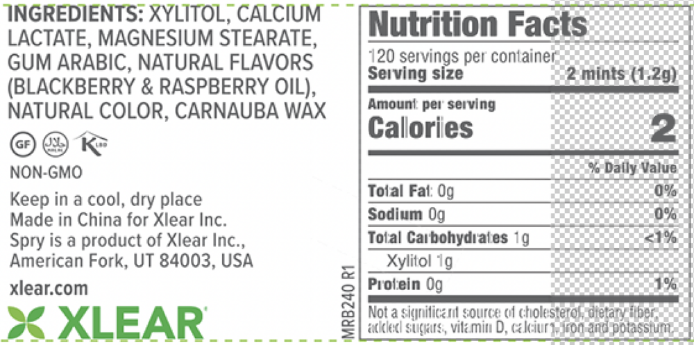 Spry Xylitol Mints Berry Blast Supplement Facts Label
