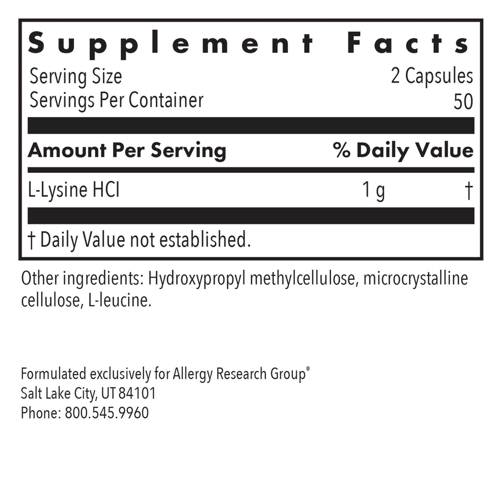 L-Lysine 500 Mg Supplement Facts Label