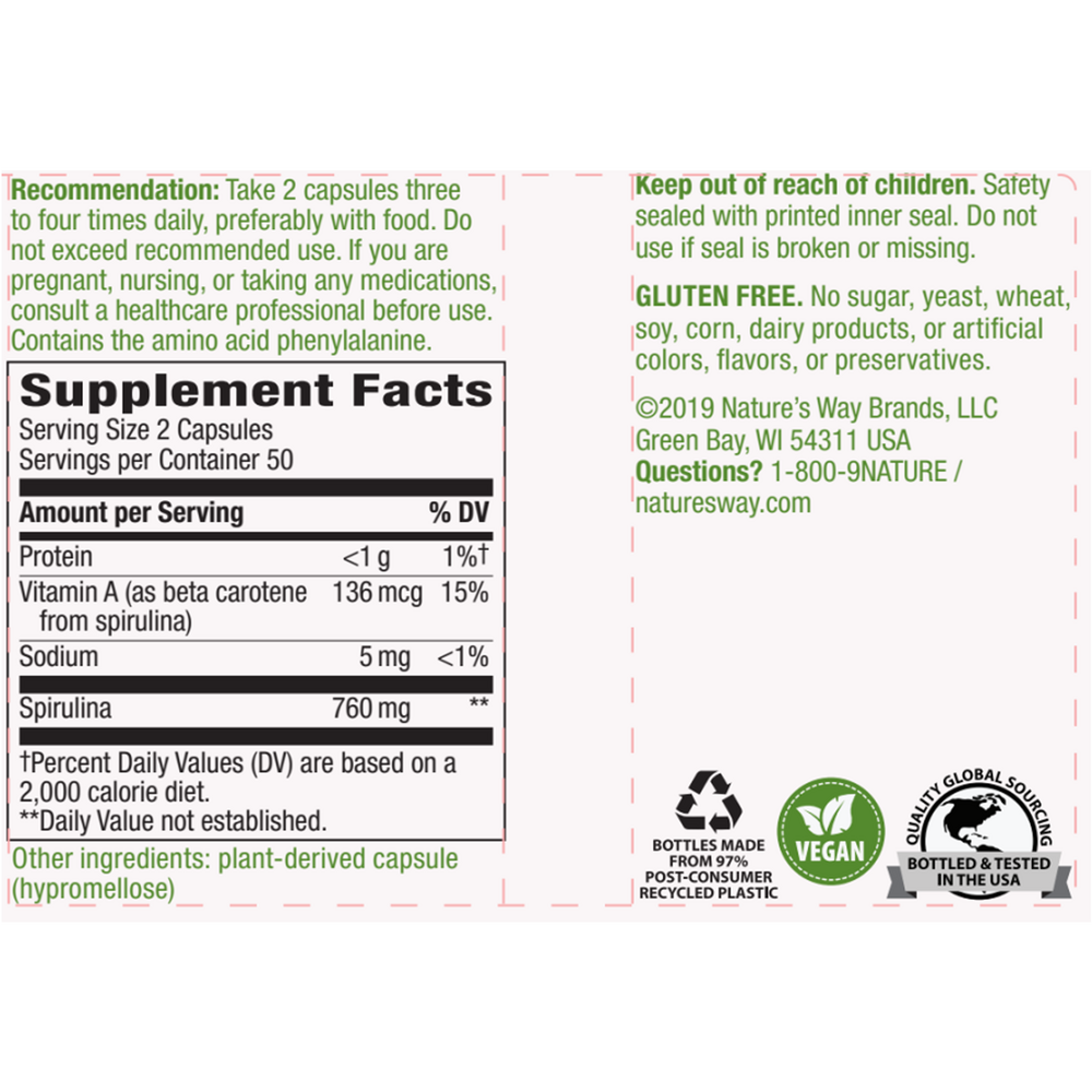 Spirulina 380 mg Supplement Facts Label