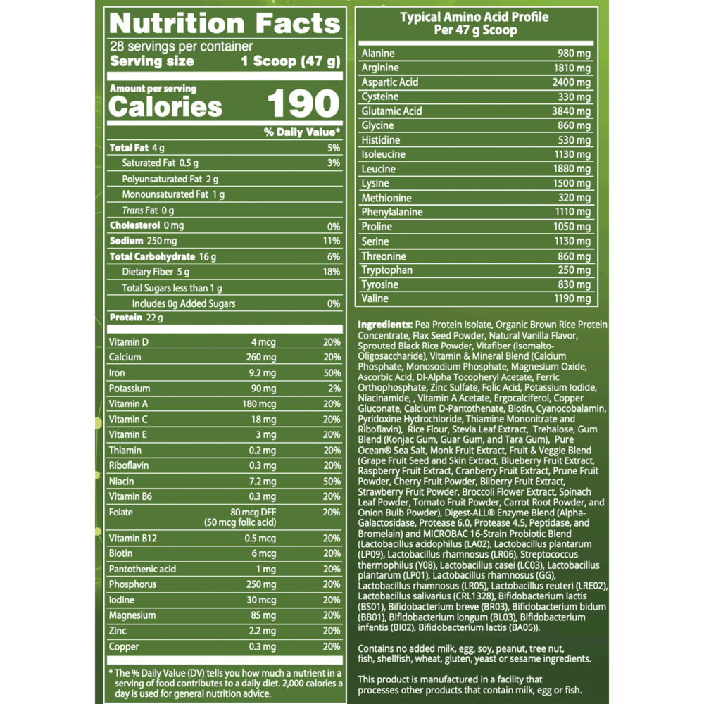 Veggie Meal Replace Vanilla Supplement Facts Label