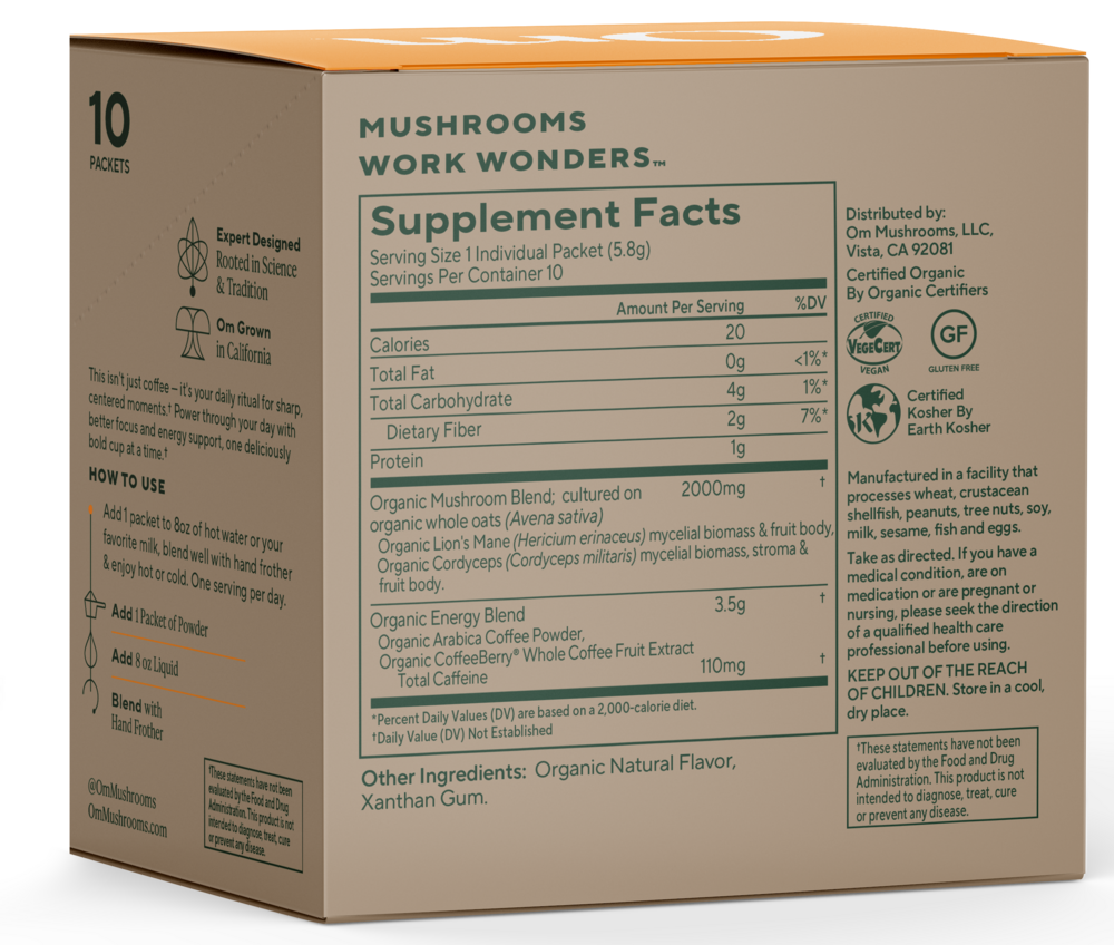 Mushroom Coffee 10 Pack Supplement Facts Label