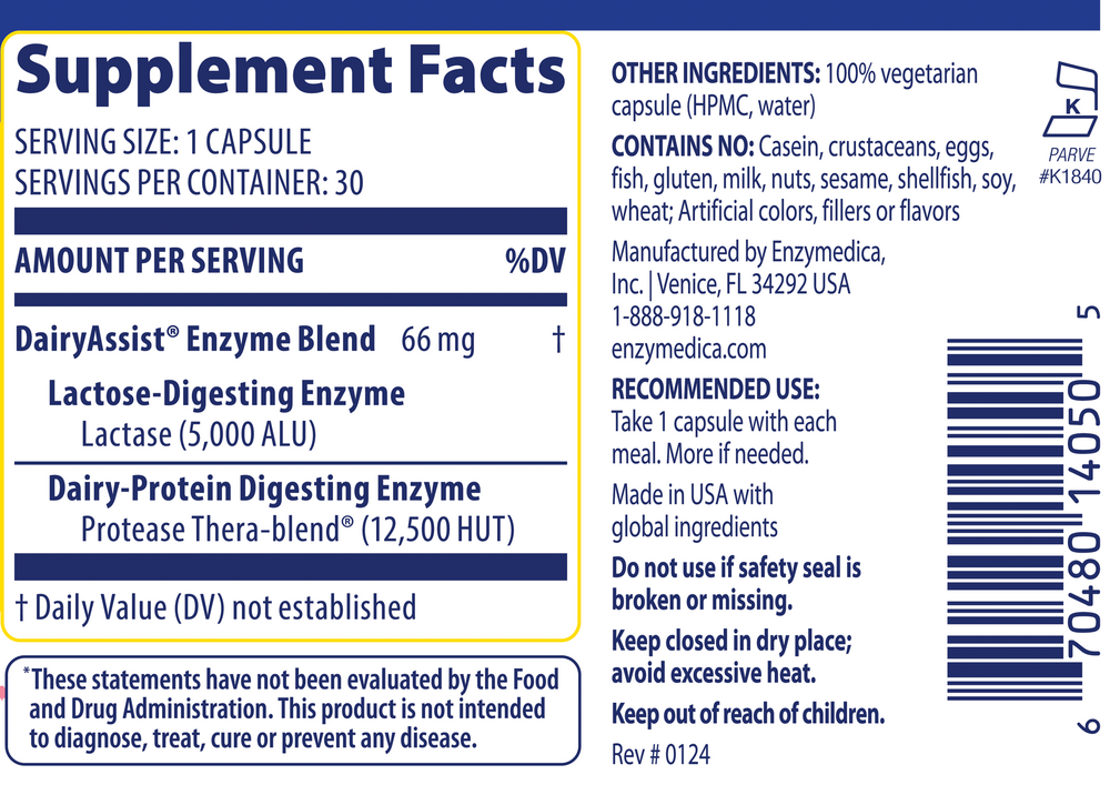 DairyAssist Supplement Facts Label