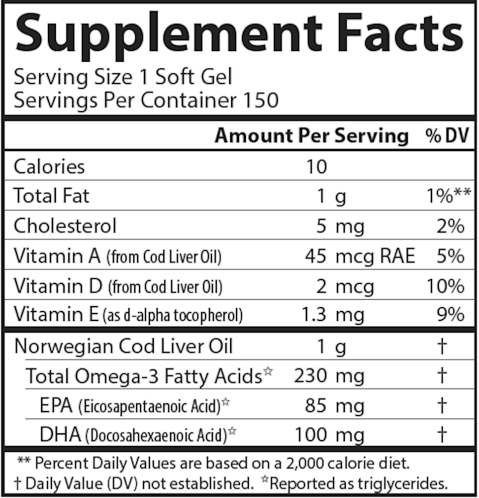 Cod Liver Oil Low Vitamin A Lemon Supplement Facts Label