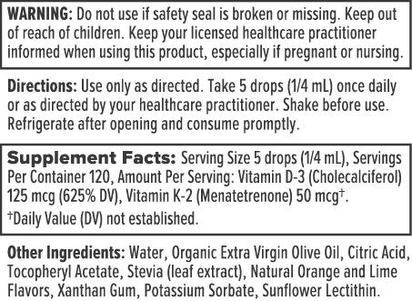 Vitamin D3-K2 Emulsion Supplement Facts Label