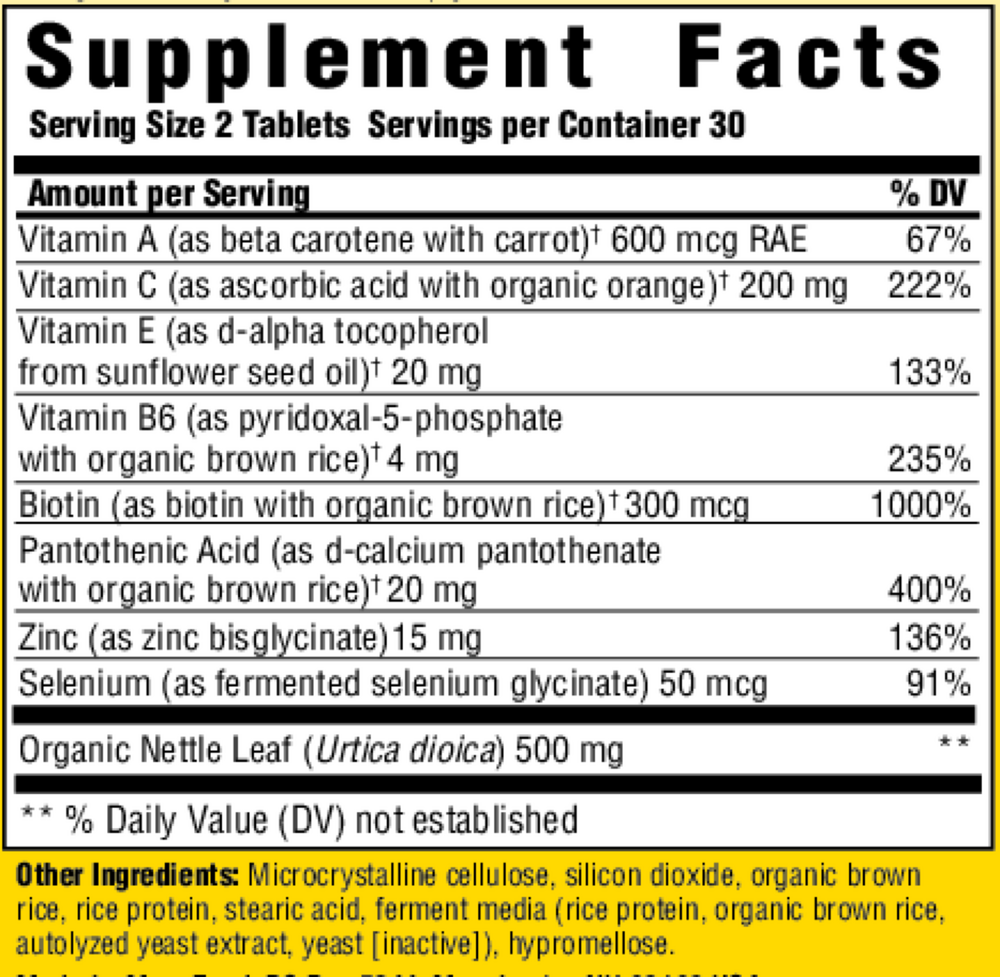 Skin Nails & Hair 2 Supplement Facts Label