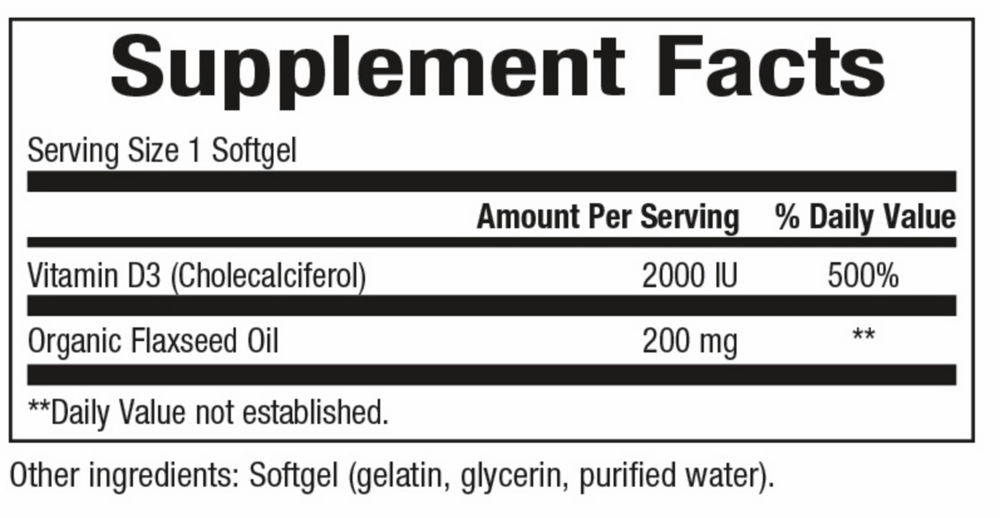 Vitamin D3 2000 IU Supplement Facts Label