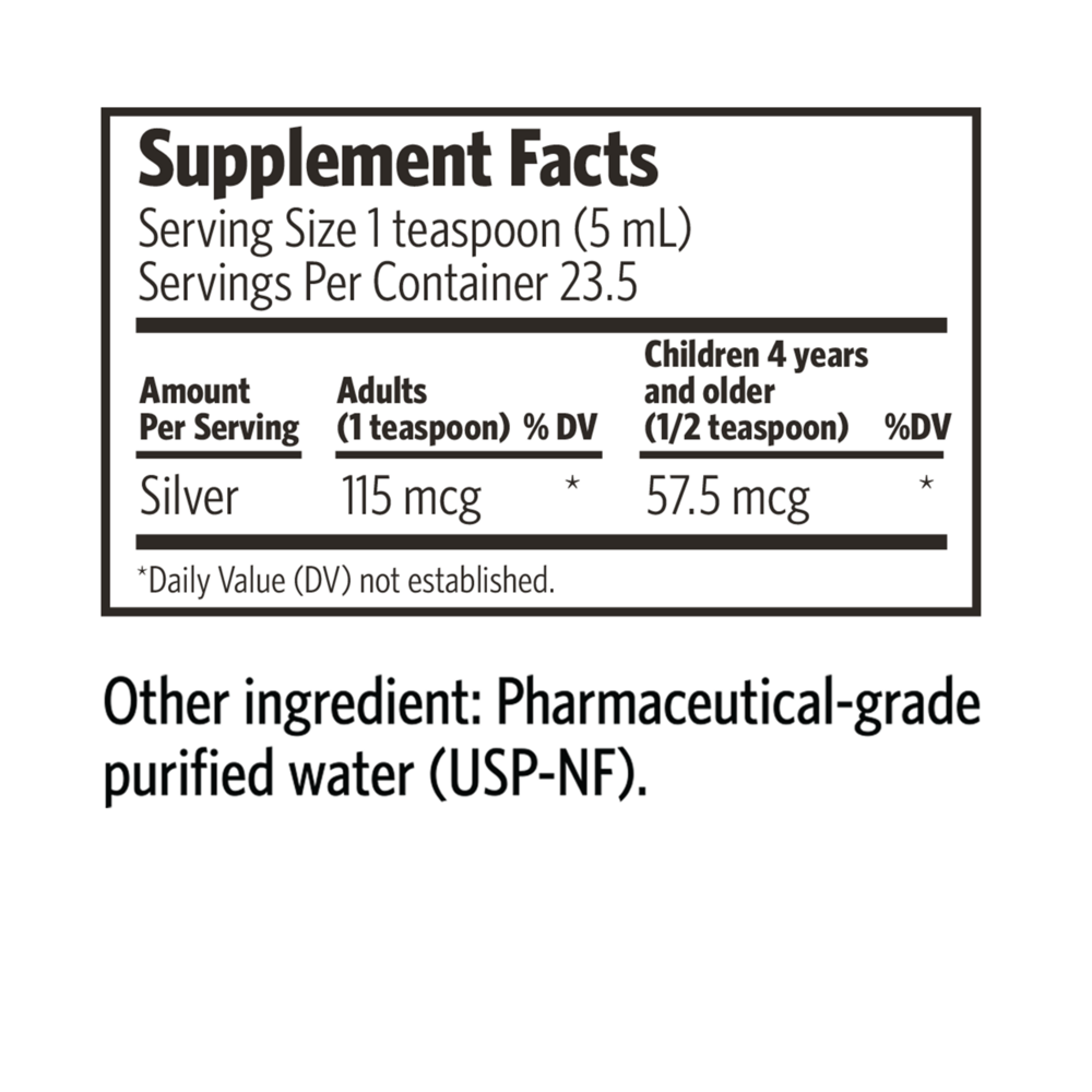 Bio-Active Silver Hydrosol 8 fl oz (no dropper) Supplement Facts Label