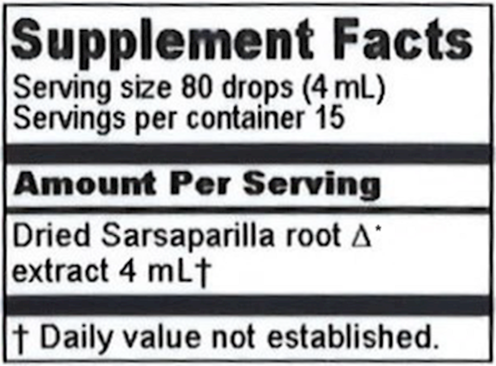 Sarsaparilla Extract Supplement Facts Label