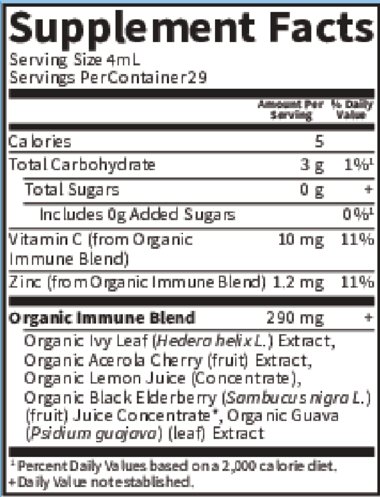 Organics Kids Cough & Mucus Immune Syrup Supplement Facts Label