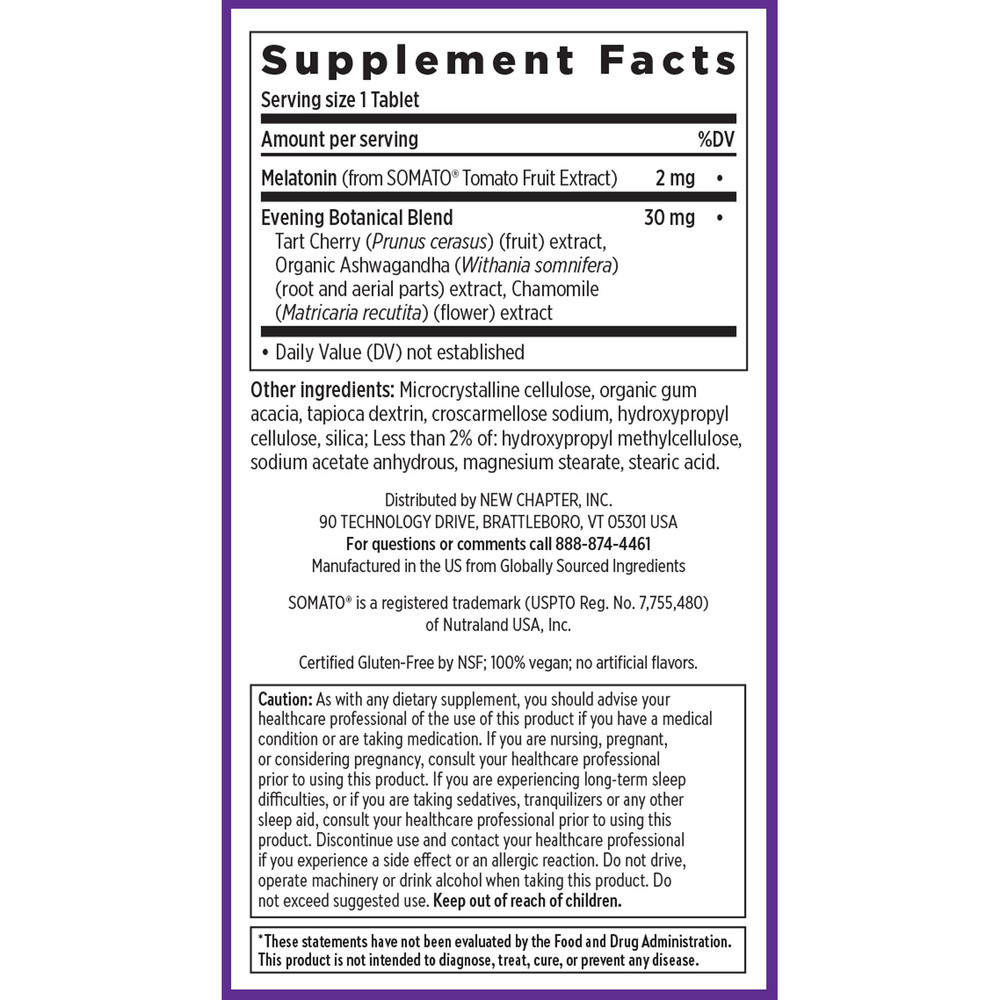 Plant Melatonin + Tart Cherry & Ashwagandha Supplement Facts Label