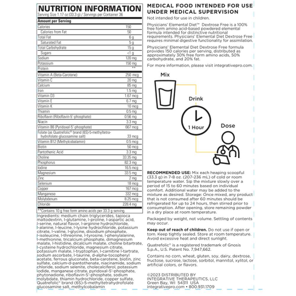 Dextrose-Free (Low Carb) Physicians Elemental Diet Supplement Facts Label