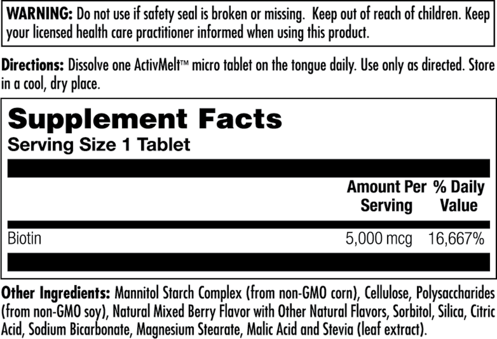 Biotin 5000 mcg Mixed Berry Supplement Facts Label