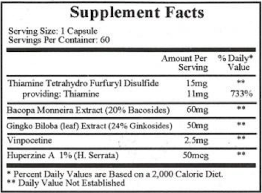 Synaptin Supplement Facts Label