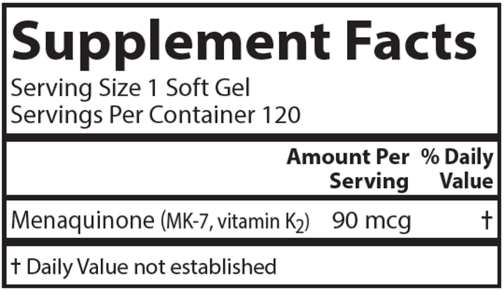 Vitamin K2 MK7 Supplement Facts Label